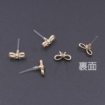 樹脂ピアス リボンD 石付き 5×11mm クリア/ゴールド【10ヶ】