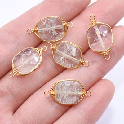 高品質天然石チャーム ホワイトクリスタル 四角形 2カン付き 11×20mm ゴールド【1ヶ】