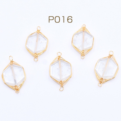 高品質天然石チャーム ホワイトクリスタル 六角形 2カン付き 12×22mm ゴールド【1ヶ】