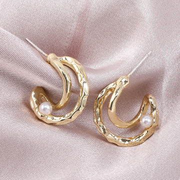 デザインポストピアス 2連フープ パール付き 7×20mm ゴールド【4ヶ】