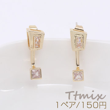 デザインピアス 変形長方形 ジルコニア付き 6×18mm ゴールド（1ペア）