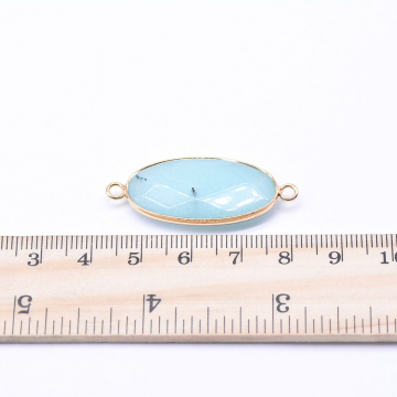 天然石コネクターチャーム ブルージェイド 楕円カット 2カン 16×39mm ゴールド （1ヶ）