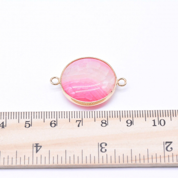 天然石コネクターチャーム ピンクアゲート 円型 2カン 23×31mm ゴールド （1ヶ）