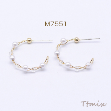 デザインピアス フープ ガラスビース＆パール付き 23×28mm ゴールド（2ヶ）