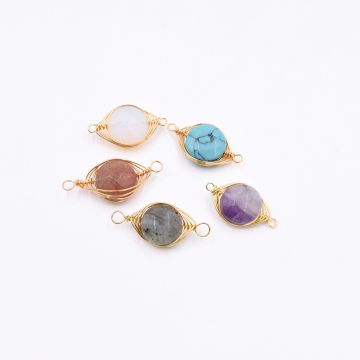 天然石コネクターチャーム  ラウンドカット 2カン 全5色 25x11mm ゴールド(1ヶ）