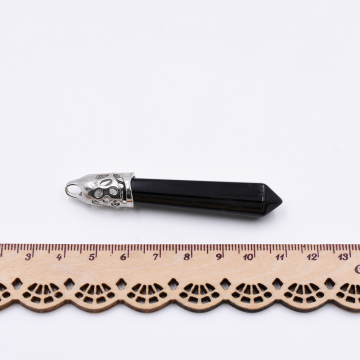 天然石チャーム  弹丸カット 1カン ブラックアゲート 70x13mm ロジウム (1ヶ）