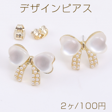 デザインピアス リボン キャッツアイ＆パール付き 13×18mm ゴールド（2ヶ）