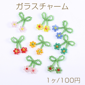 ワイヤーガラスチャーム リボン＆フラワーチャーム 25×30mm ゴールド（1ヶ）