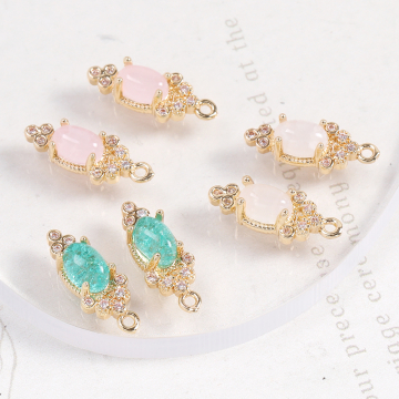 高品質ガラスストーンチャーム ロングオーバル カン付き 6×16mm ゴールド（2ヶ）