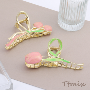 バンスクリップ メタルヘアクリップ   チューリップモチーフデザイン ゴールド