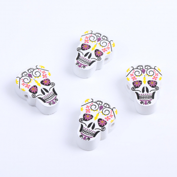 ハロウィンウッドビーズ 縦穴あり お化けペイントウッドビーズ 18×25mm（4ヶ）