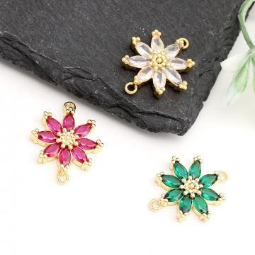 ジルコニアチャーム コネクターチャーム フラワー 2カン付き 18×23mm ゴールド（1ヶ）
