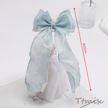 パール付きオーガンジーリボン付きヘアゴム 26cm（1ヶ）