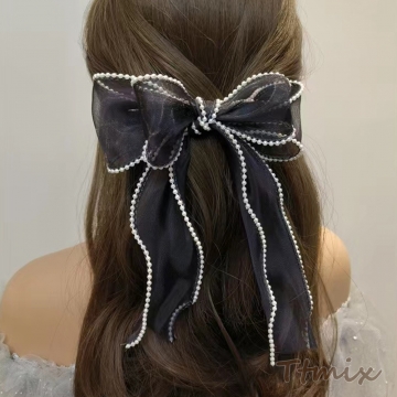 パール付きオーガンジーリボン付きポニーフック ヘアフック 26cm（1ヶ）