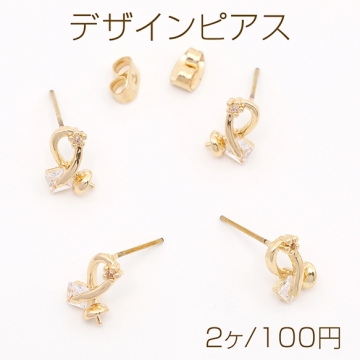 デザインピアス ジルコニア付き 芯立丸皿付き 6.5×10mm ゴールド（2ヶ）