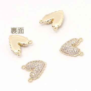 色褪せにくい14KGPゴールドメッキ 高品質ジルコニアチャーム ハート型 2カン 12×13mm（1ヶ）