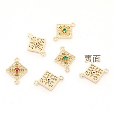 色褪せにくい14KGPゴールドメッキ 高品質ジルコニアチャーム ひし形 2カン 13×17.5mm（2ヶ）