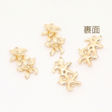 立体ダブルフラワーチャーム 花メタルチャーム フラワーモチーフ 2輪花 丸カンあり カン付き 14×22mm ゴールド（6ヶ）