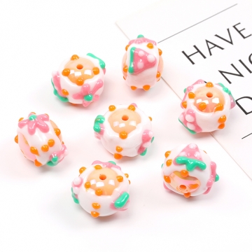 アクリルビーズ 丸玉 いちご イチゴ 苺模様入り オレンジ 16×22mm（2ヶ）