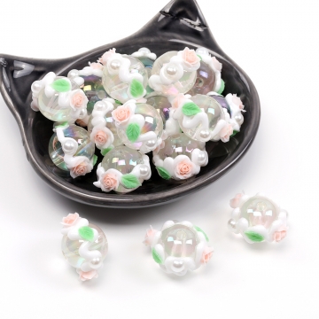 アクリル丸玉ビーズ 手描きアクリルビーズ 丸玉 ラウンド 円形 丸型 通し穴あり 縦穴 フラワー装飾 花装飾 フラワー付き 花付き 16mm（4ヶ）