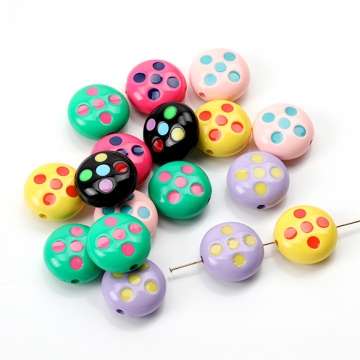 アクリルビーズ コイン型 ドット柄 オリジナルブレスレット ストラップ キーホルダー制作ビーズ ユニークビーズ 通し穴あり 縦穴 カラーアソート 17mm（4ヶ）