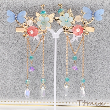 フラワーモチーフヘアクリップ ヘアアクセサリー レディースヘアクリップ 髪飾り フラワー 花 蝶 バタフライ チェーンタッセル（1ヶ）