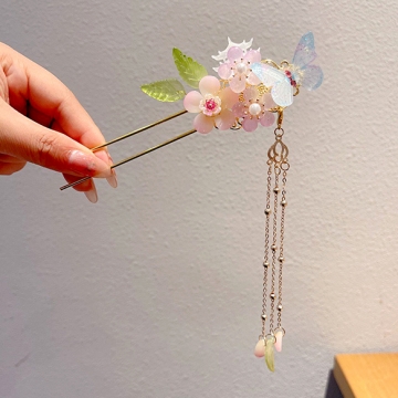 フラワーモチーフU字ピン かんざし ヘアアクセサリー レディースかんざし 髪飾り フラワー 花 蝶 バタフライ チェーンタッセル