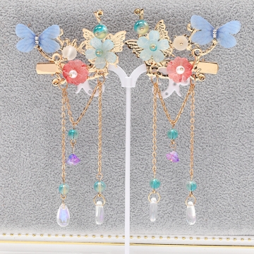 フラワーモチーフヘアクリップ ヘアアクセサリー レディースヘアクリップ 髪飾り フラワー 花 蝶 バタフライ チェーンタッセル