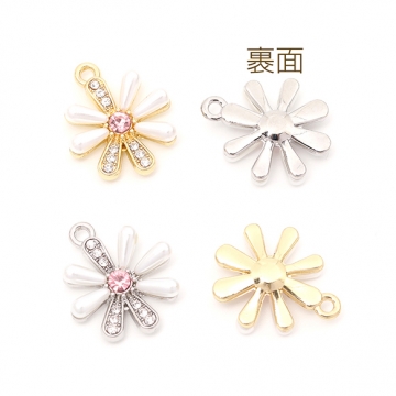 フラワーチャーム パールとラインストーン付き 八弁花 1カン付き 16×19mm（2ヶ）