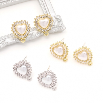 ピアス金具 デザインピアス ハート ストーン・パーツ付き シルバーポスト 合金 ゴールド 12×13mm (2ヶ)