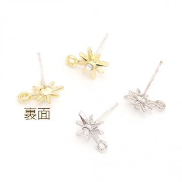 ピアス金具 デザインピアス ジルコニア カン付きキャッチ付き シルバーポスト 合金 ゴールド 9×11mm (4ヶ)