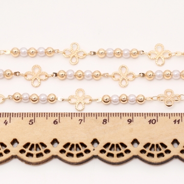 ハンドメイドチェーン フラワーチェーン パールビーズチェーン アクセサリーチェーン ネックレスチェーン（長さ1m）