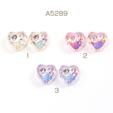 アクリルビーズ ハート アンティーク調ビーズ ラインストーン装飾 オーロラ加工 通し穴あり 13×14mm