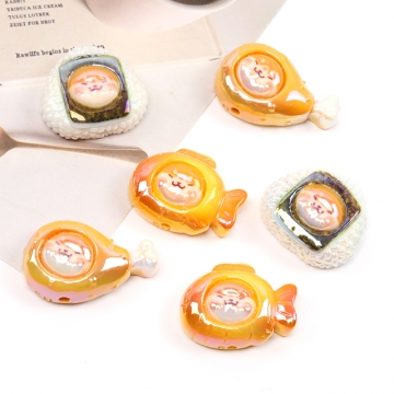 樹脂食べ物ビーズ 柴犬模様  ビーズ貼付け両用 通し穴あり おにぎり ドラムチキン たい焼き アソート（4ヶ）