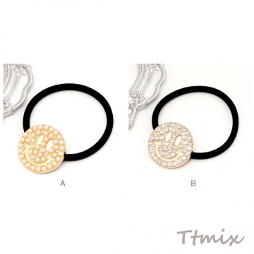 ヘアゴム ヘアアクセサリー スマイルモチーフ パール付き ラインストーン付き ゴールド 約30mm