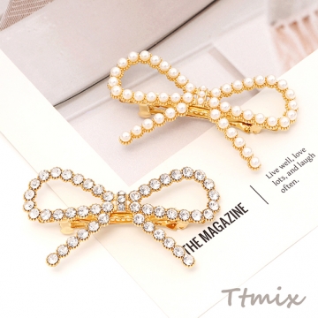 ヘアバレッタ ヘアアクセサリー リボンモチーフ パール付き ラインストーン付き ゴールド 約39×71mm