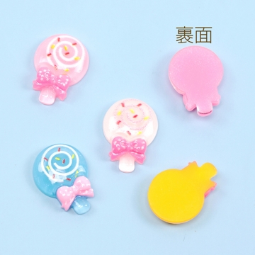 樹脂貼付けパーツ ペロペロキャンディーデコパーツ 飴樹脂カボション ミニリボン装飾 半透明 約16×22mm（10ヶ）