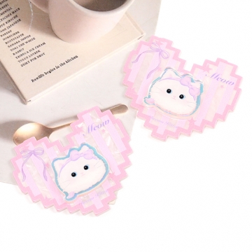 貼り付けパーツ 猫柄 アクリルハート型プレートパーツ ヘアクリップ ヘアピン デコパーツ 約43×49mm (2ヶ)