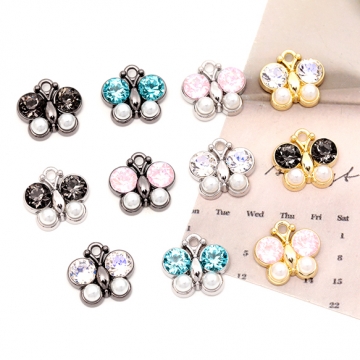 蝶チャーム ガラスストーン付き メタルチャーム バタフライチャーム ちょうチャーム 全11色 約14×15mm (2ヶ)