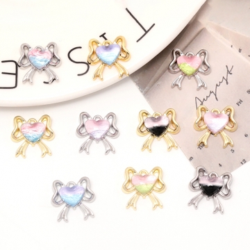 リボン＆ハートチャーム 樹脂ストーン付き ハートとリボンのチャーム グラデーションカラー 全10色 約15×16mm (2ヶ)