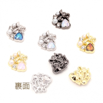 リボン＆ハートチャーム ガラスストーン付き パール装飾 リボンチャーム ハートチャーム 全12色 約14×15mm (2ヶ)