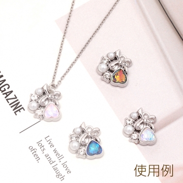 リボン＆ハートチャーム ガラスストーン付き パール装飾 リボンチャーム ハートチャーム 全12色 約14×15mm (2ヶ)