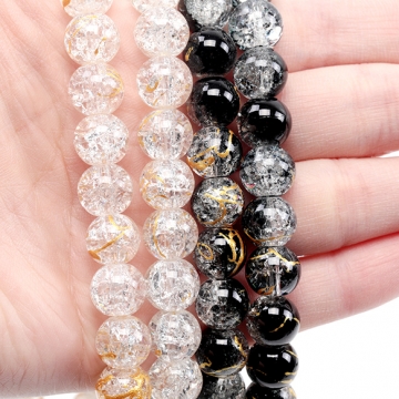 ガラスビーズ 連ビーズ 連売り 丸玉 ラウンドビーズ ゴールドライン クラックビーズ 約10mm  (1連約85粒)