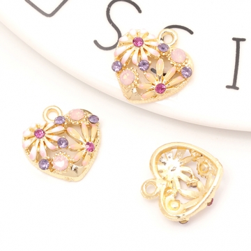 ガラスストーンチャーム ハート型 花模様 フラワーチャーム ハートチャーム カン付き 約15×16mm (2ヶ)