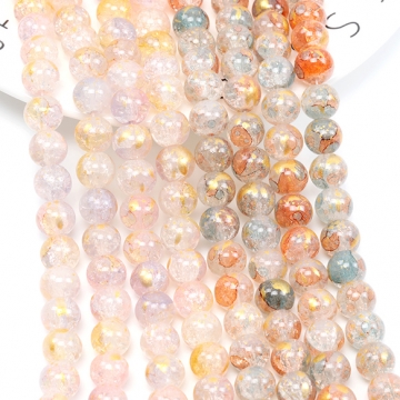 クラックガラスビーズ 連売り ガラス連ビーズ 丸玉ガラスビーズ ラウンドビーズ MIXカラー 約10mm  (1連約85粒)
