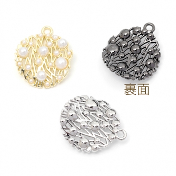 メタルチャーム ラウンド 透かしチャーム パール付き 合金製 約19×22mm（2ヶ）