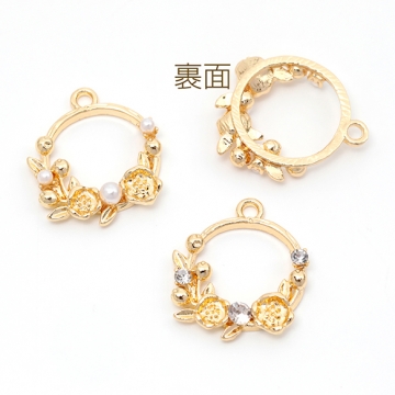 メタルチャーム フラワー ガラスストーン付き パール付き 合金製 約17×20mm（4ヶ）