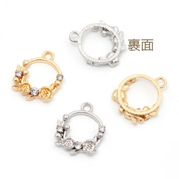 メタルチャーム フラワー ガラスストーン付き パール付き 合金製 約12×15mm（6ヶ）