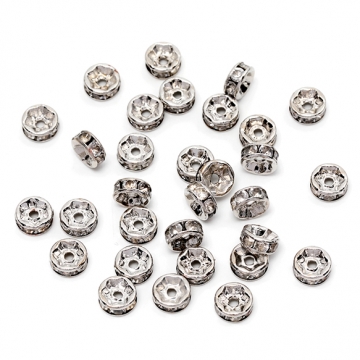 ロンデルパーツ ストーン付 スペーサービーズ メタルビーズ ロジウム 2.5×6mm（約50ヶ）