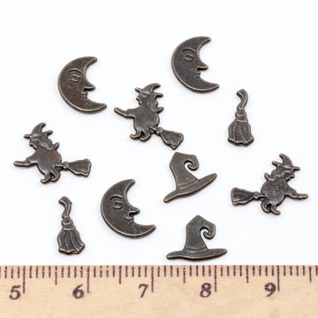 レジン封入パーツ メタル貼付けパーツ デコパーツ ハロウィン 三日月 魔女 帽子 ほうき ミックス ランダム（10ヶ）